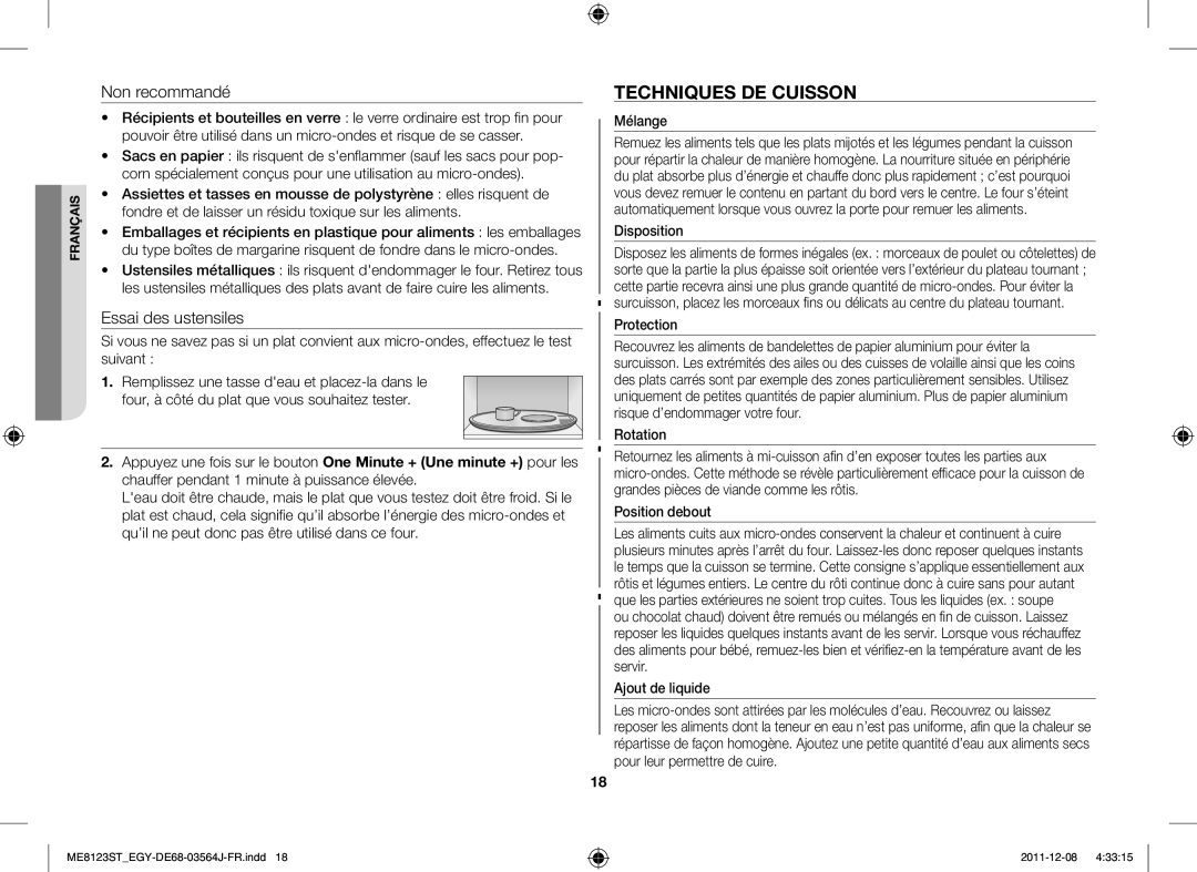 Samsung ME8123ST/ATH manual Techniques DE Cuisson, Non recommandé, Essai des ustensiles 