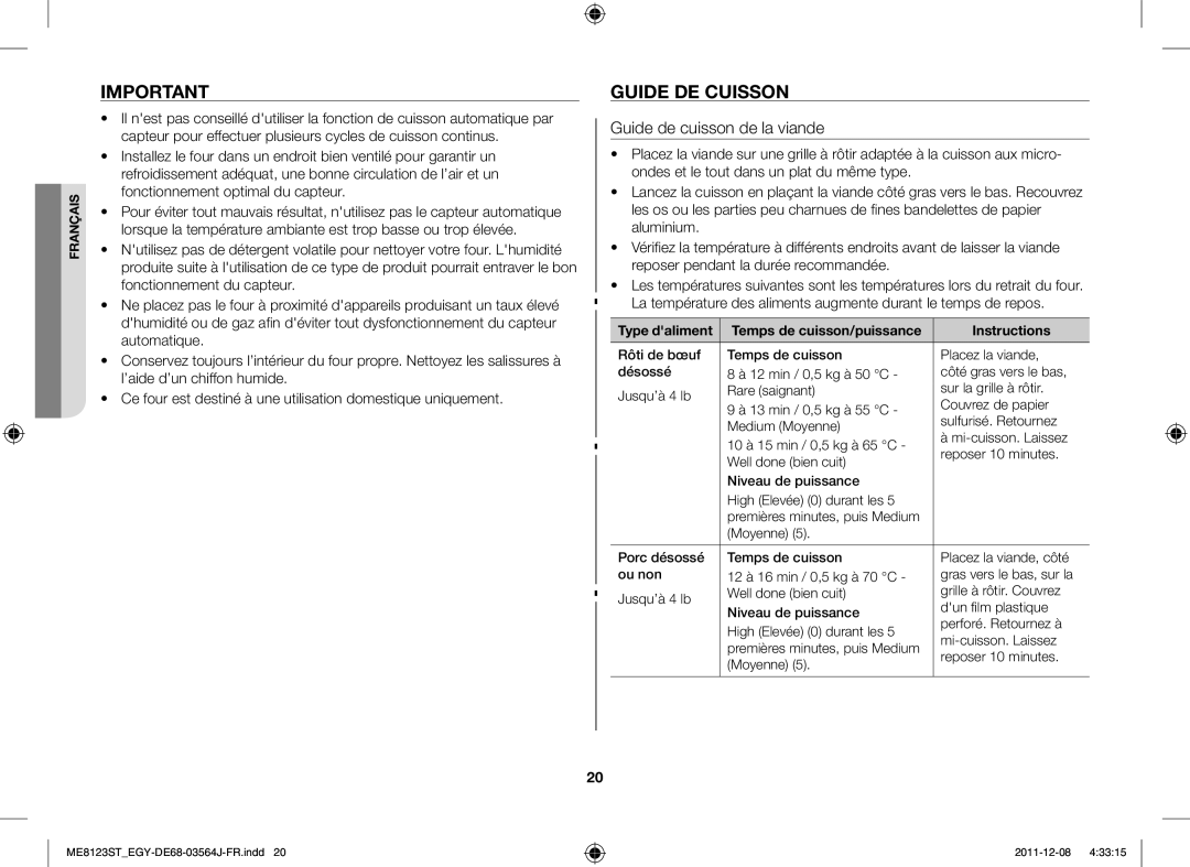 Samsung ME8123ST/ATH manual Guide DE Cuisson, Guide de cuisson de la viande, Moyenne 