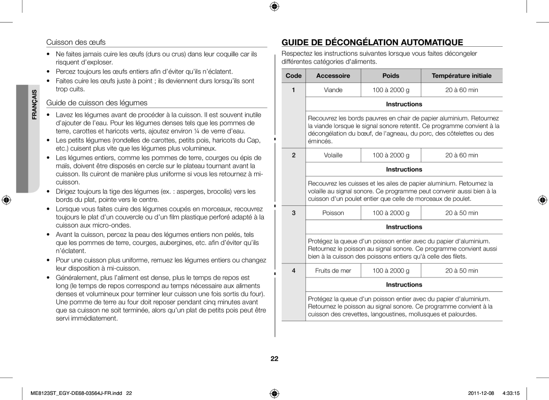 Samsung ME8123ST/ATH manual Guide DE Décongélation Automatique, Cuisson des œufs, Guide de cuisson des légumes 