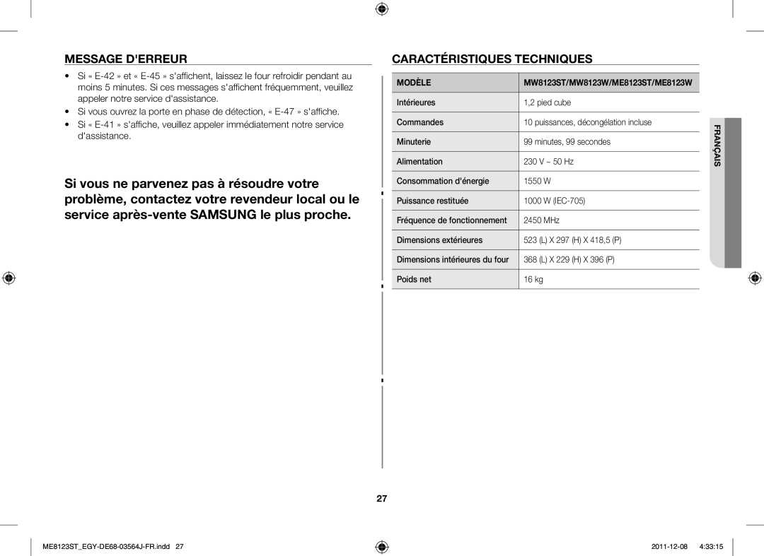 Samsung ME8123ST/ATH manual Message Derreur, Caractéristiques Techniques 