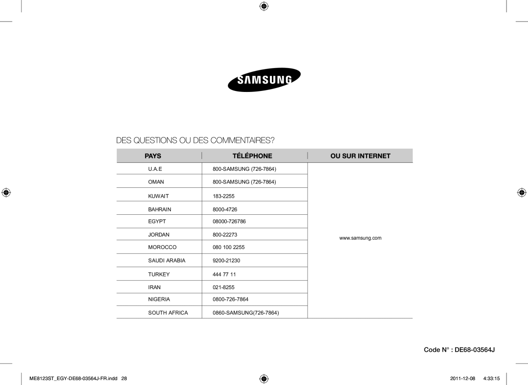 Samsung ME8123ST/ATH manual Code N DE68-03564J 