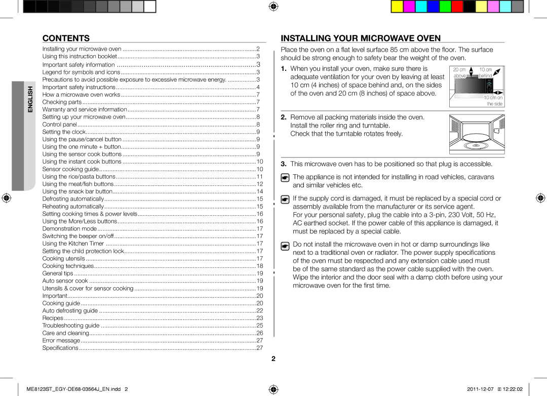 Samsung ME8123ST/ATH manual Contents, Installing Your Microwave Oven, Important safety information 