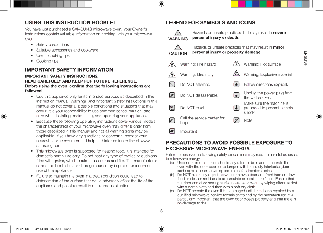 Samsung ME8123ST/ATH manual Using this Instruction Booklet, Important Safety Information, Useful cooking tips, Cooking tips 