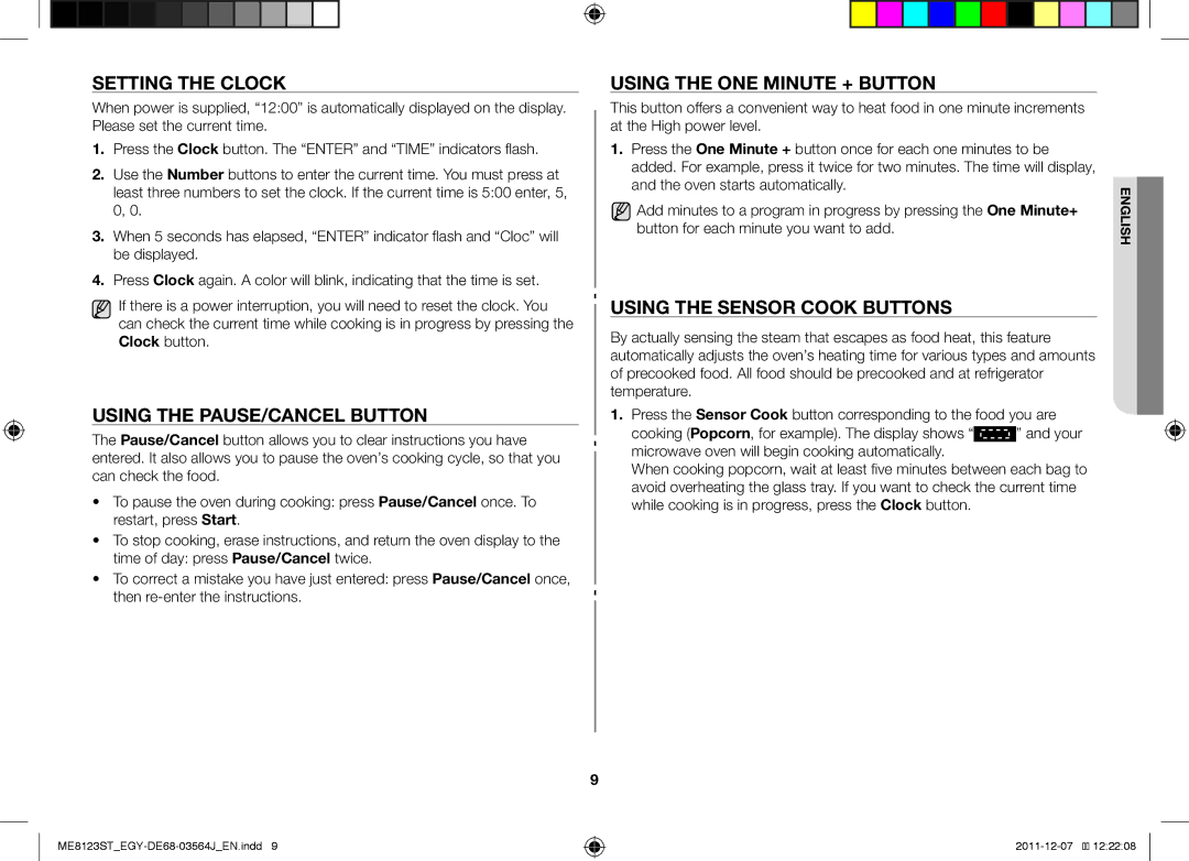 Samsung ME8123ST/ATH manual Setting the Clock, Using the PAUSE/CANCEL Button, Using the ONE Minute + Button 