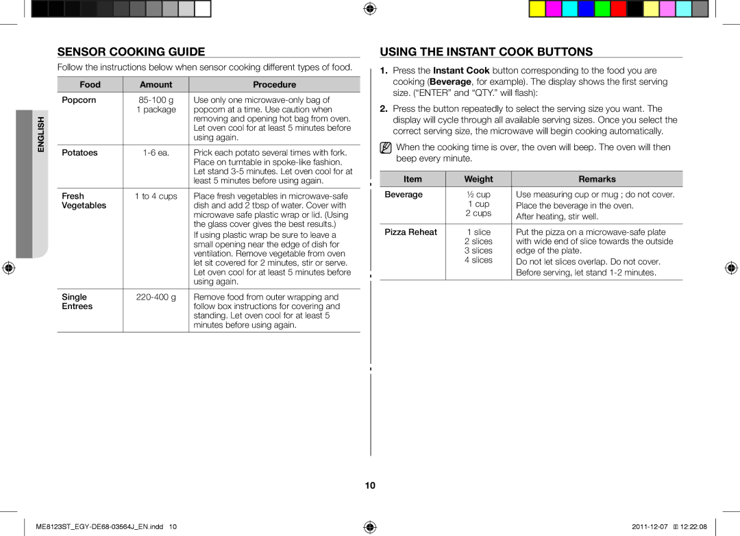 Samsung ME8123ST/ATH manual Sensor Cooking Guide, Using the Instant Cook Buttons, Food Amount Procedure, Weight Remarks 