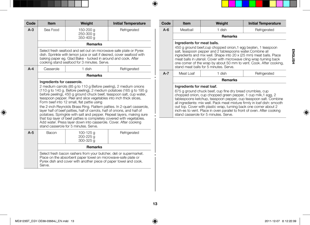 Samsung ME8123ST/ATH manual Ingredients for casserole, Bacon 100-125 g Refrigerated 200-225 g 300-325 g 