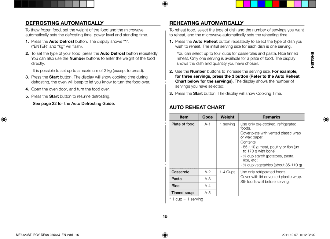 Samsung ME8123ST/ATH manual Defrosting Automatically, Reheating Automatically, Auto Reheat Chart, Code Weight Remarks 