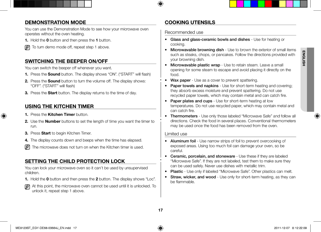 Samsung ME8123ST/ATH manual Demonstration Mode, Switching the Beeper ON/OFF, Using the Kitchen Timer, Cooking Utensils 