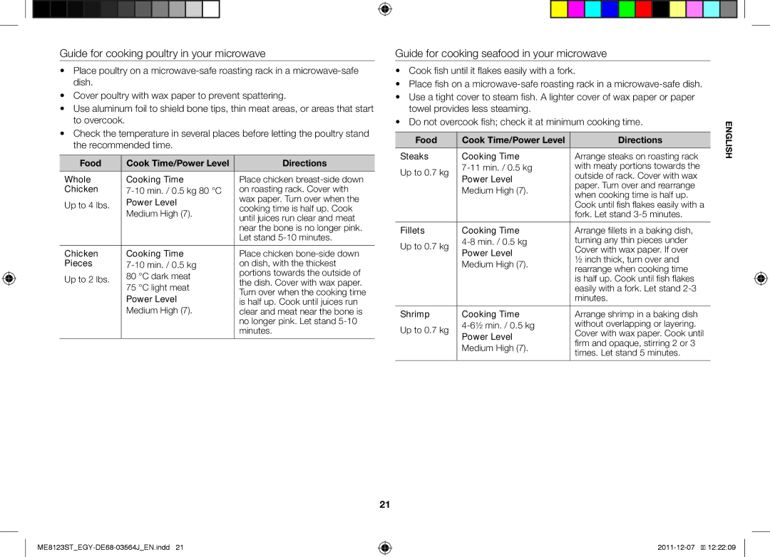 Samsung ME8123ST/ATH manual Guide for cooking poultry in your microwave, Guide for cooking seafood in your microwave 