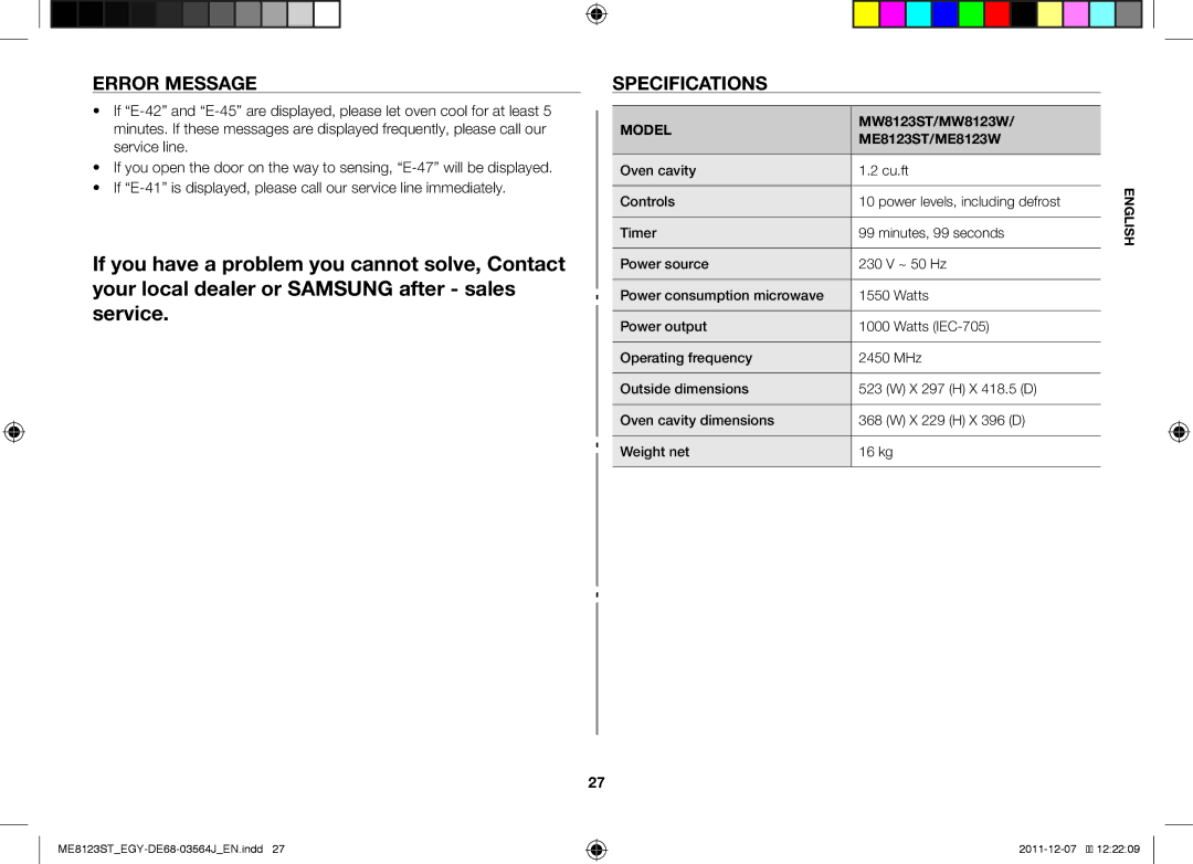 Samsung ME8123ST/ATH manual Error Message, Specifications, MW8123ST/MW8123W, ME8123ST/ME8123W 