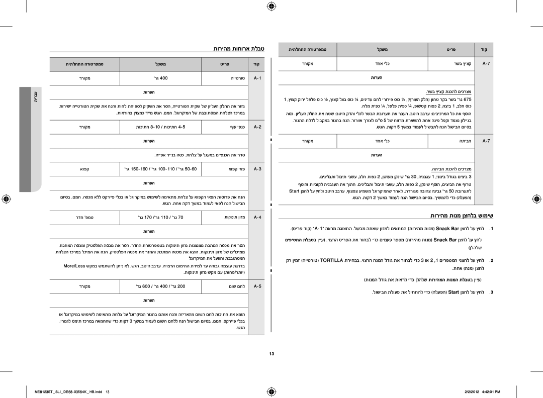 Samsung ME8123ST/SLI manual תוריהמ תוחורא תלבט, תוריהמ תונמ ןצחלב שומיש 