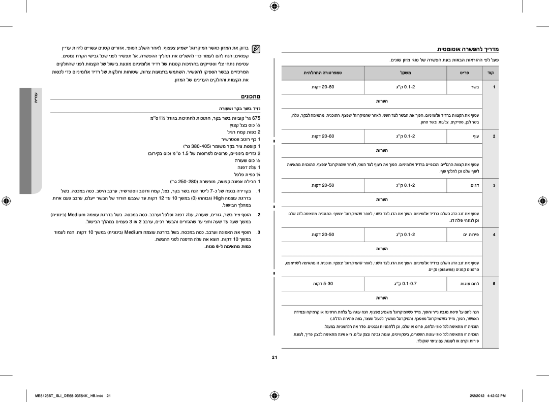 Samsung ME8123ST/SLI manual םינוכתמ, תיטמוטוא הרשפהל ךירדמ, הרועשו רקב רשב דיזנ, לושיבה ךלהמב 