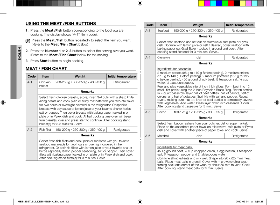 Samsung ME8123ST/SLI manual Using the meat /fish buttons, Meat / fish Chart 