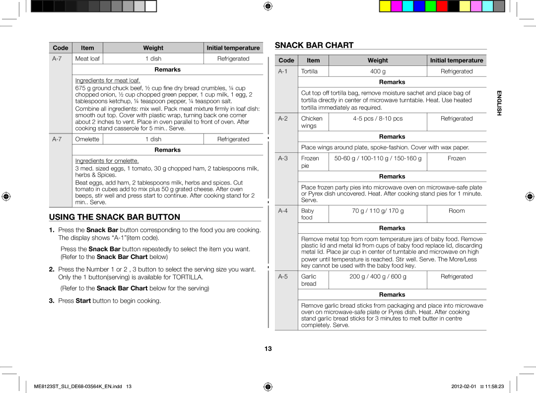 Samsung ME8123ST/SLI manual Using the snack bar button, Snack Bar Chart 