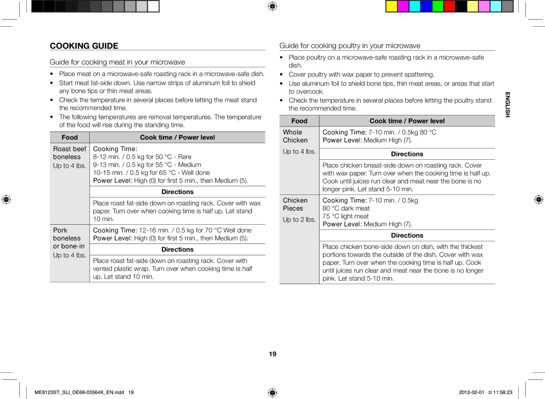 Samsung ME8123ST/SLI Cooking guide, Guide for cooking meat in your microwave, Guide for cooking poultry in your microwave 