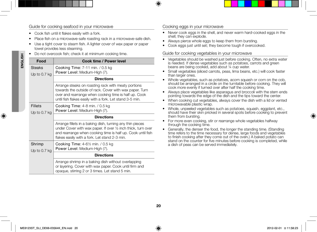 Samsung ME8123ST/SLI manual Guide for cooking seafood in your microwave, Cooking eggs in your microwave 