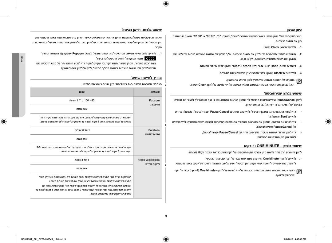 Samsung ME8123ST/SLI manual לושיבה ןשייח ינצחלב שומיש, לושיבה ןשייחל ךירדמ, ןועשה ןוויכ, לוטיב/הריצע ןצחלב שומיש 