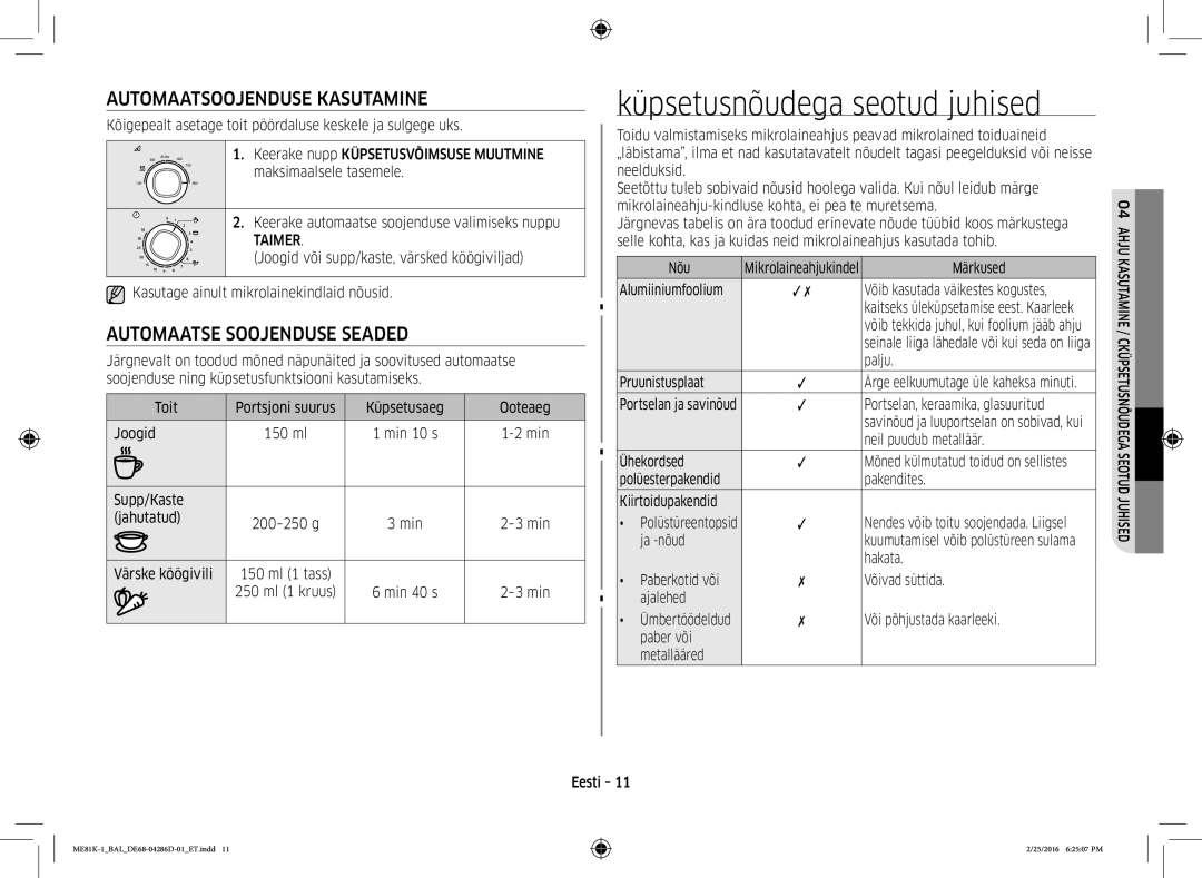 Samsung ME81K-1/BAL Küpsetusnõudega seotud juhised, Automaatsoojenduse Kasutamine, Automaatse Soojenduse Seaded, Taimer 