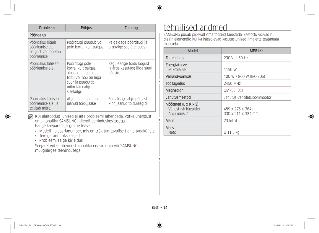 Samsung ME81K-1/BAL manual Tehnilised andmed 