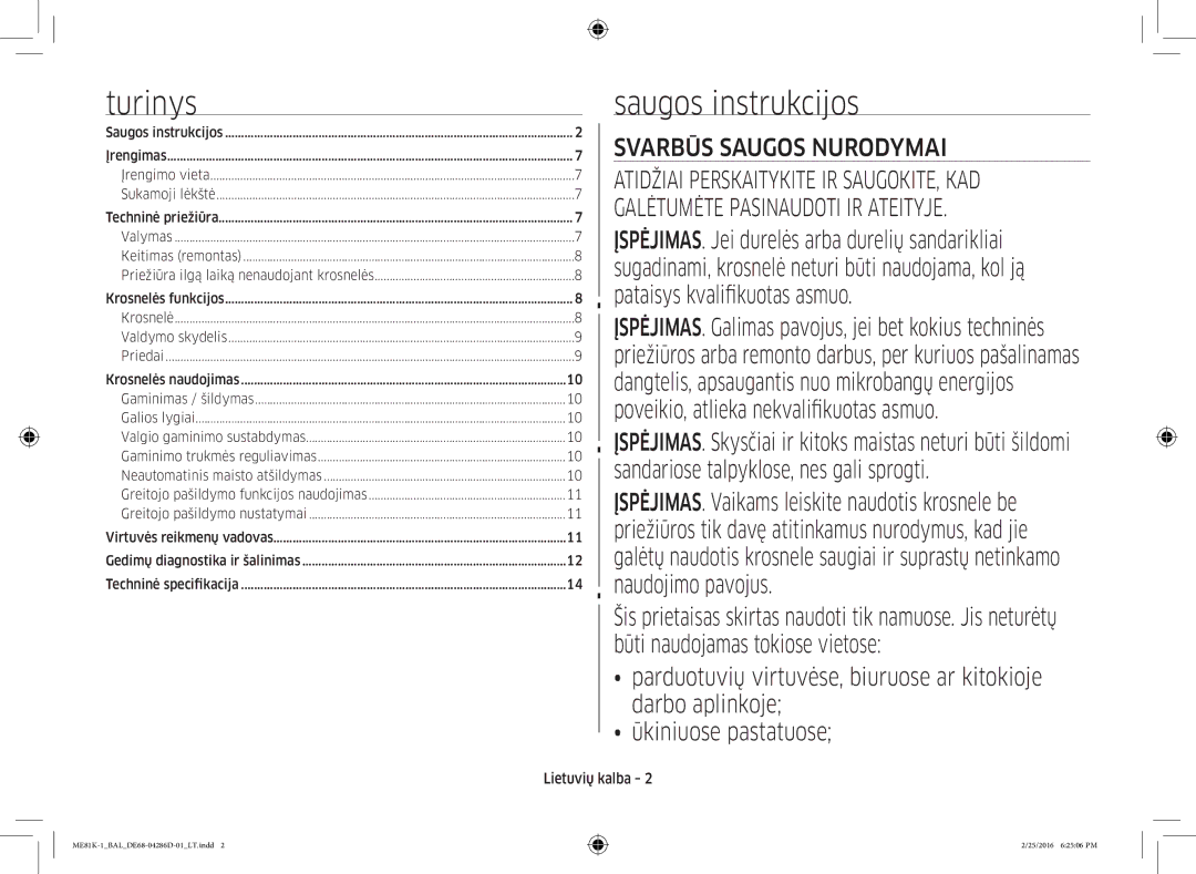 Samsung ME81K-1/BAL manual Turinys, Saugos instrukcijos, Lietuvių kalba 