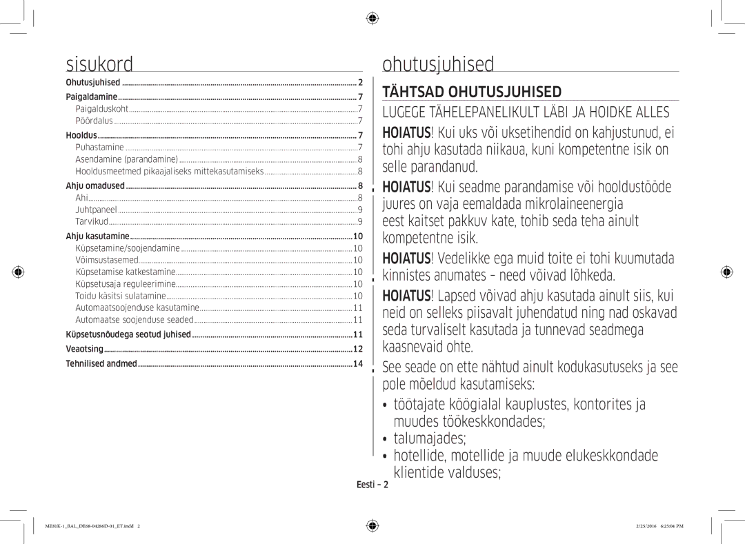 Samsung ME81K-1/BAL manual Sisukordohutusjuhised, Eesti 