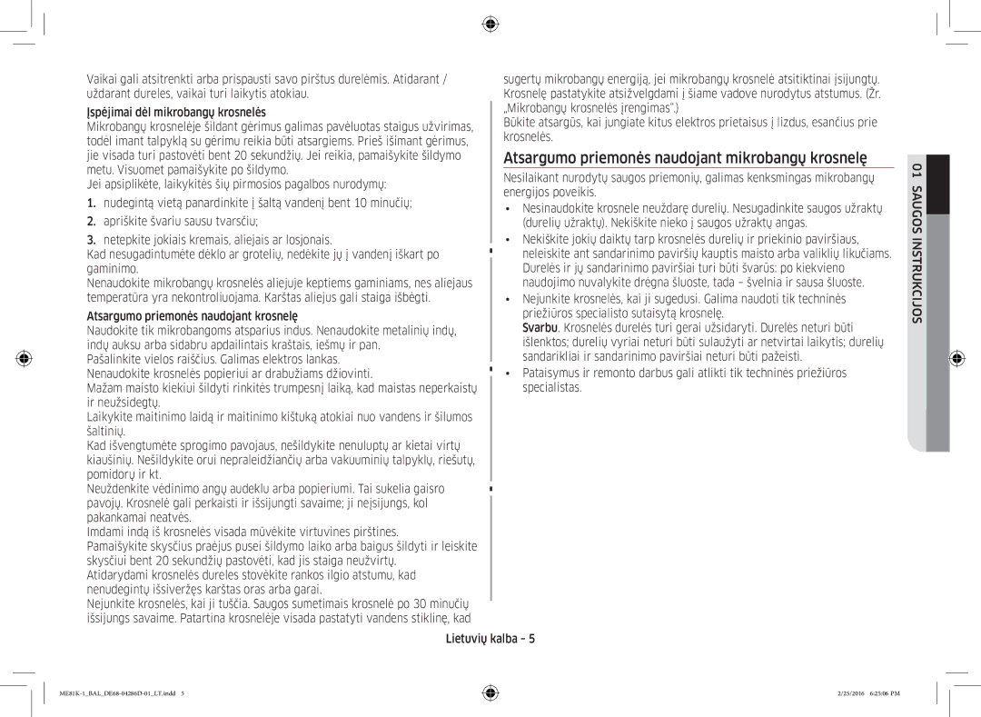 Samsung ME81K-1/BAL manual Atsargumo priemonės naudojant mikrobangų krosnelę 