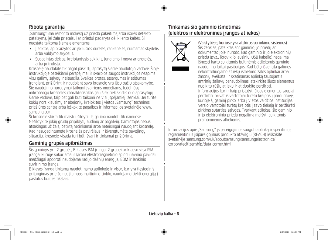 Samsung ME81K-1/BAL manual Ribota garantija, Gaminių grupės apibrėžimas 