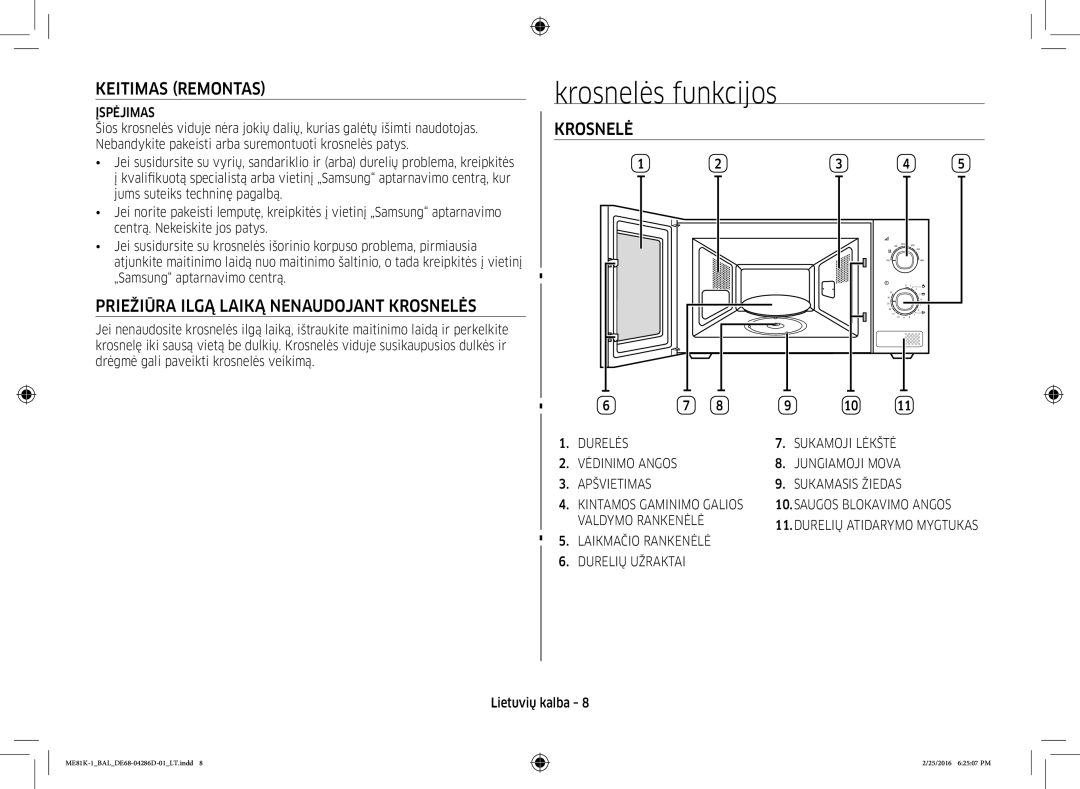 Samsung ME81K-1/BAL manual Krosnelės funkcijos, Keitimas Remontas, Priežiūra Ilgą Laiką Nenaudojant Krosnelės 