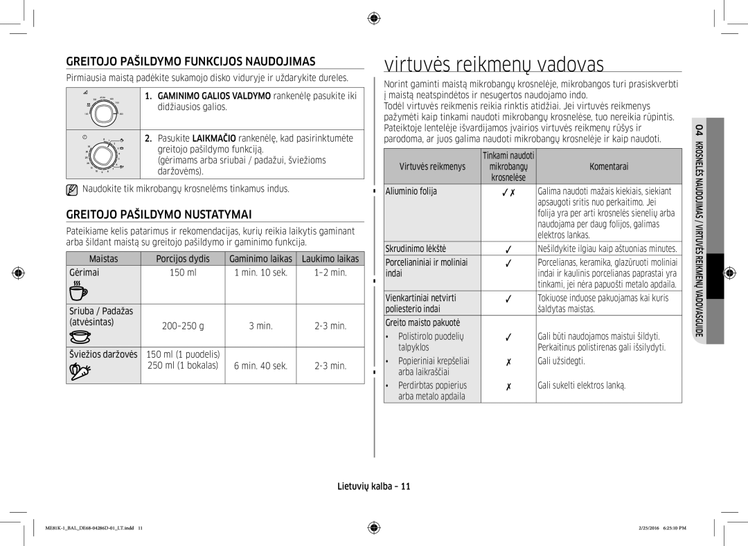 Samsung ME81K-1/BAL Virtuvės reikmenų vadovas, Greitojo Pašildymo Funkcijos Naudojimas, Greitojo Pašildymo Nustatymai 