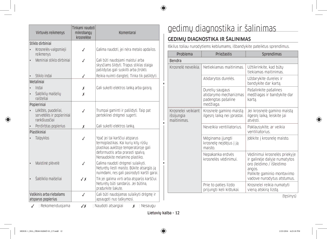 Samsung ME81K-1/BAL manual Gedimų diagnostika ir šalinimas, Gedimų Diagnostika IR Šalinimas 