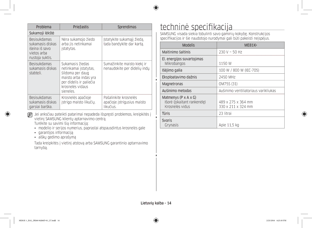 Samsung ME81K-1/BAL manual Techninė specifikacija, Netinkamai įstatytas 