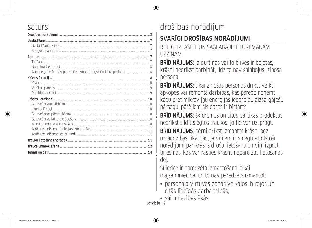 Samsung ME81K-1/BAL manual Saturs Drošības norādījumi, Latviešu 