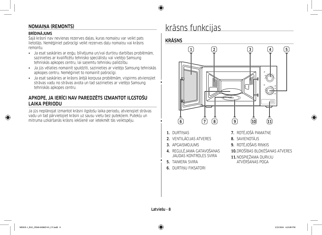 Samsung ME81K-1/BAL manual Krāsns funkcijas, Nomaiņa Remonts 