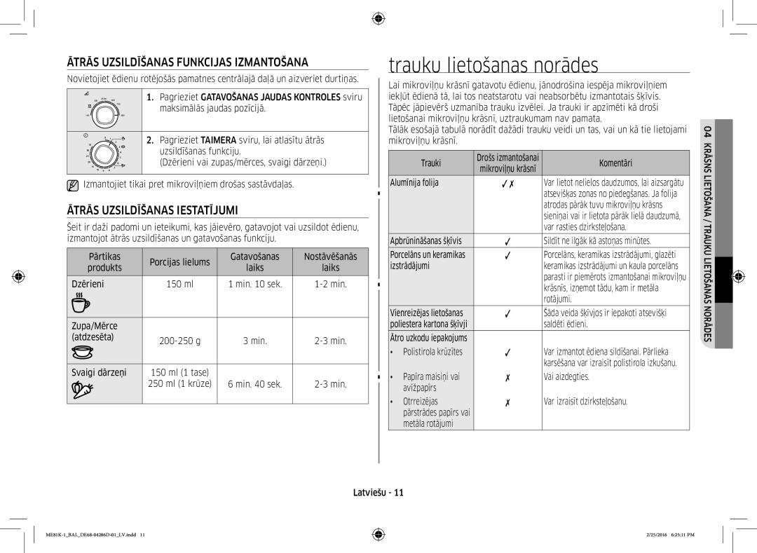 Samsung ME81K-1/BAL Trauku lietošanas norādes, Ātrās Uzsildīšanas Funkcijas Izmantošana, Ātrās Uzsildīšanas Iestatījumi 