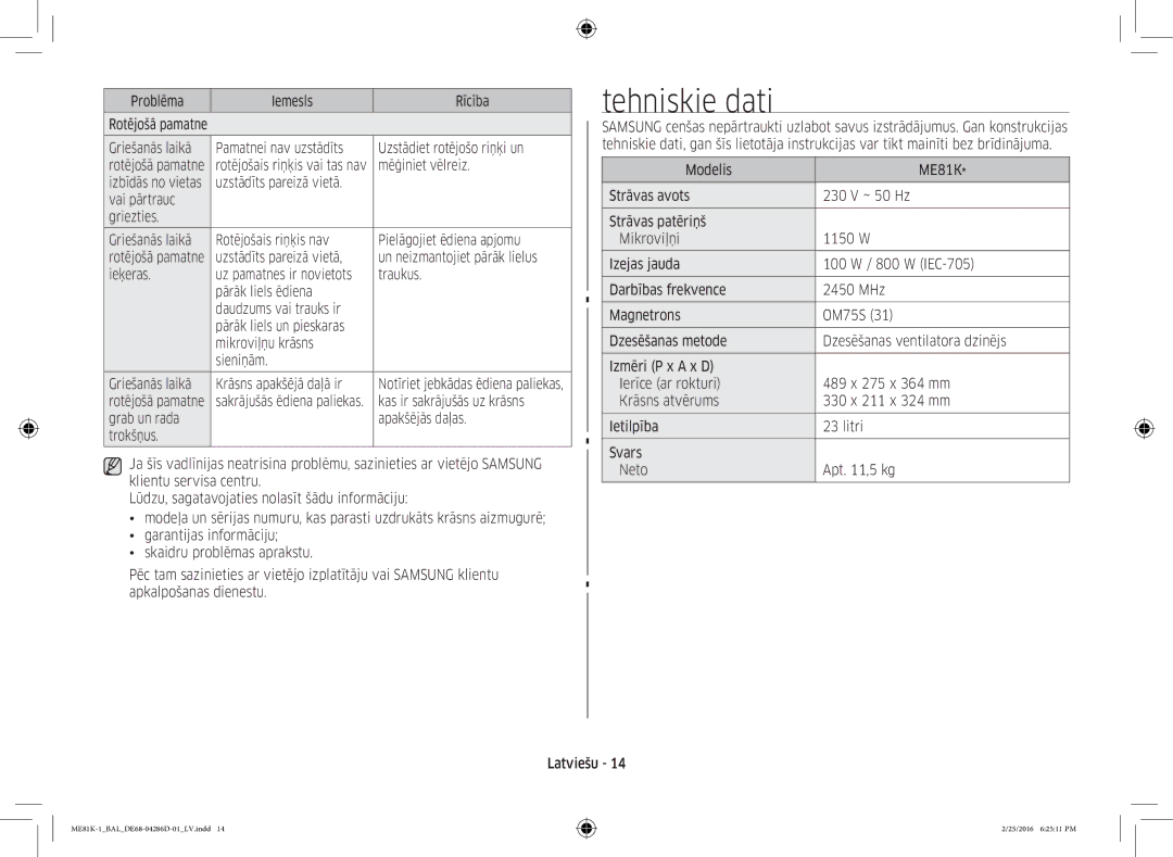 Samsung ME81K-1/BAL manual Tehniskie dati, Mēģiniet vēlreiz, Kas ir sakrājušās uz krāsns 