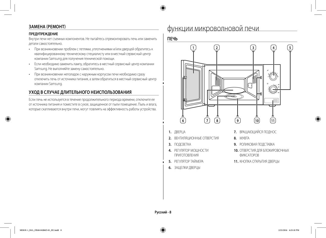 Samsung ME81K-1/BAL manual Функции микроволновой печи 