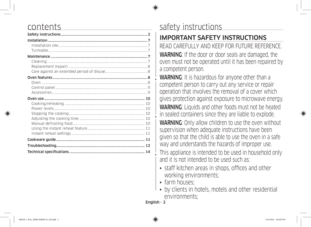 Samsung ME81K-1/BAL manual Contents Safety instructions 