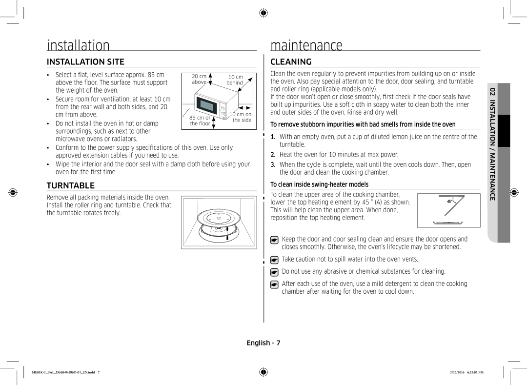 Samsung ME81K-1/BAL manual Maintenance, Installation Site, Cleaning, Turntable 