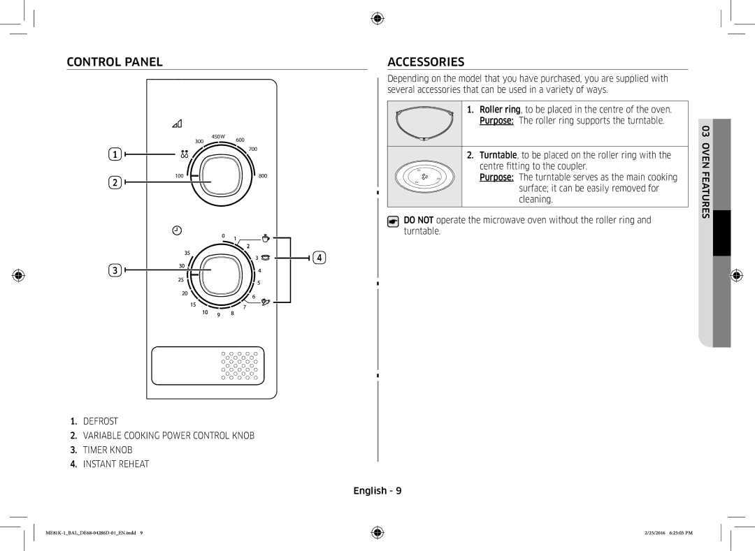 Samsung ME81K-1/BAL manual Control Panel, Accessories, Centre fitting to the coupler, Oven 