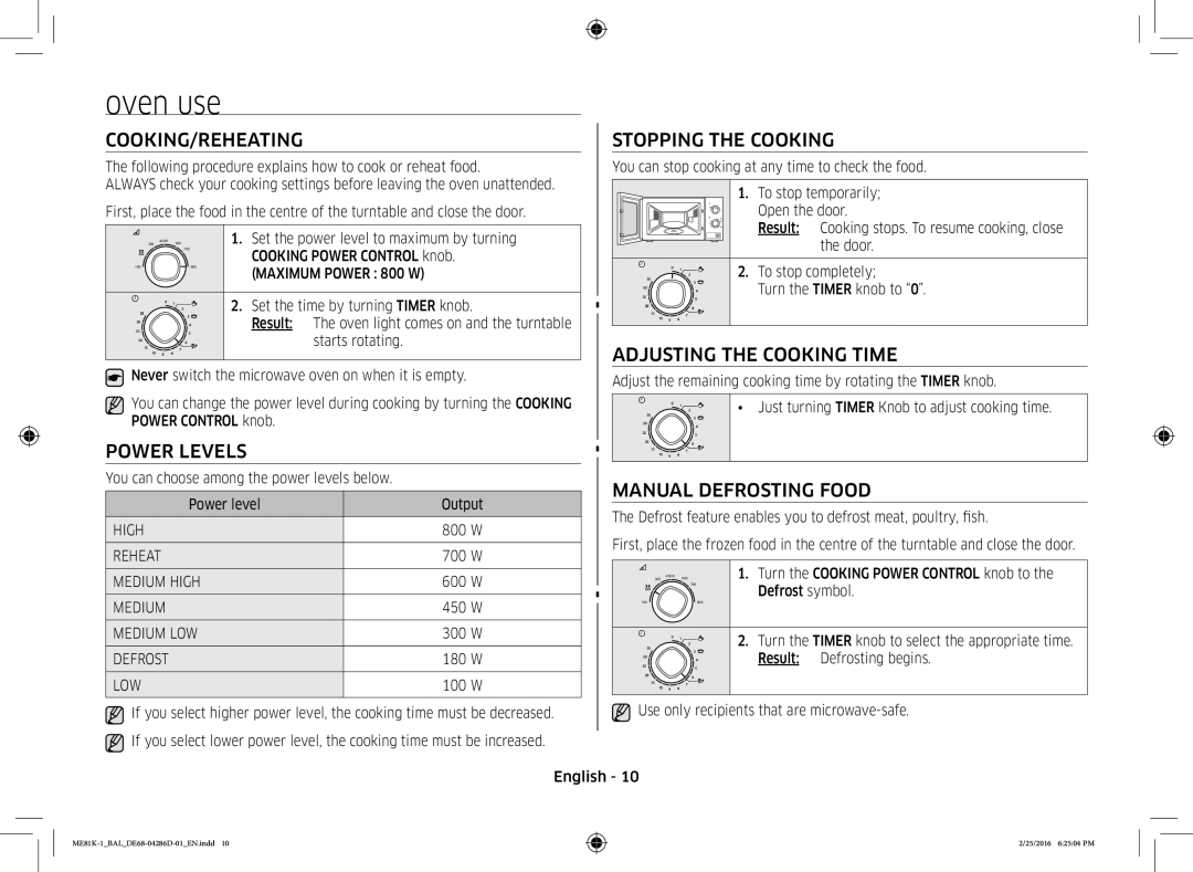 Samsung ME81K-1/BAL manual Oven use, COOKING/REHEATING Stopping the Cooking, Adjusting the Cooking Time, Power Levels 