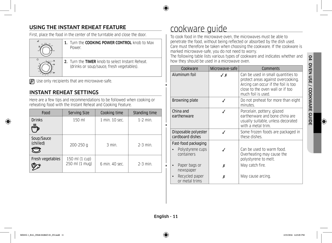 Samsung ME81K-1/BAL manual Cookware guide, Using the Instant Reheat Feature, Instant Reheat Settings 