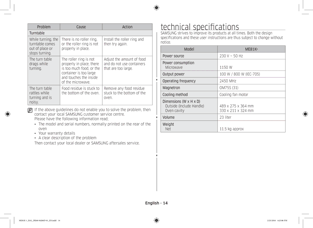 Samsung ME81K-1/BAL manual Technical specifications, That are too large, Remove any food residue 