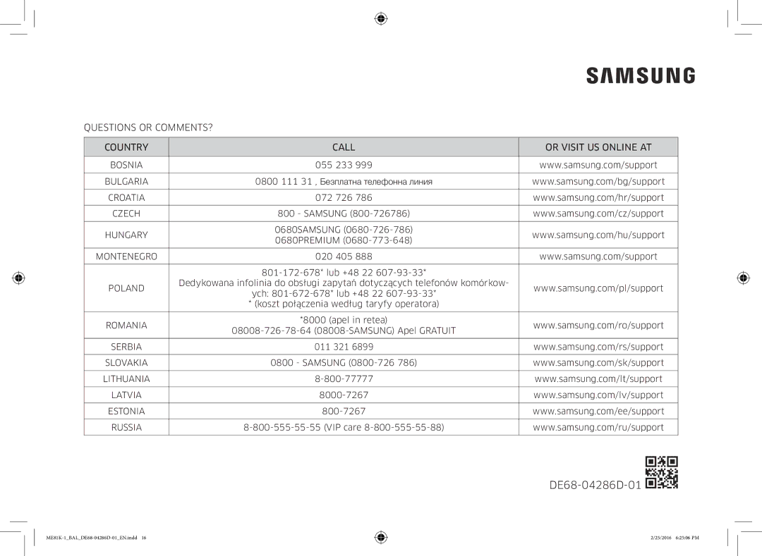 Samsung ME81K-1/BAL manual Questions or COMMENTS? Country Call Or Visit US Online AT 