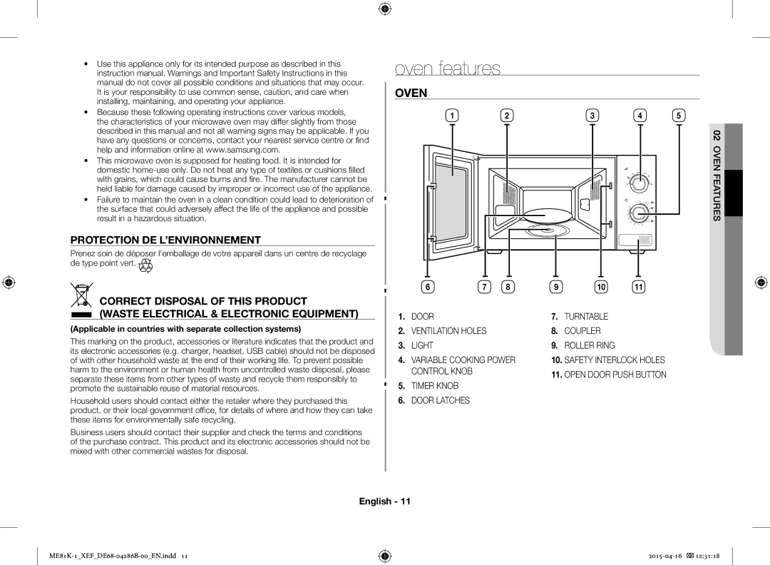 Samsung ME81K-1/XEF, ME81KB-1/XEF manual Oven features 