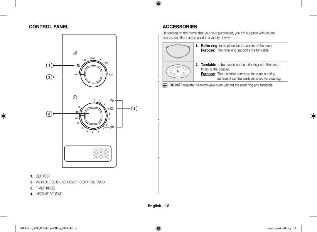 Samsung ME81KB-1/XEF, ME81K-1/XEF manual Control Panel, Accessories 