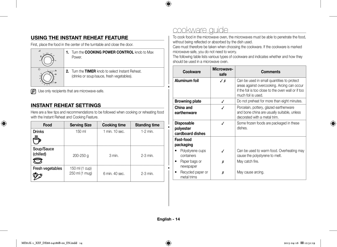 Samsung ME81KB-1/XEF, ME81K-1/XEF manual Cookware guide, Using the Instant Reheat Feature, Instant Reheat Settings 