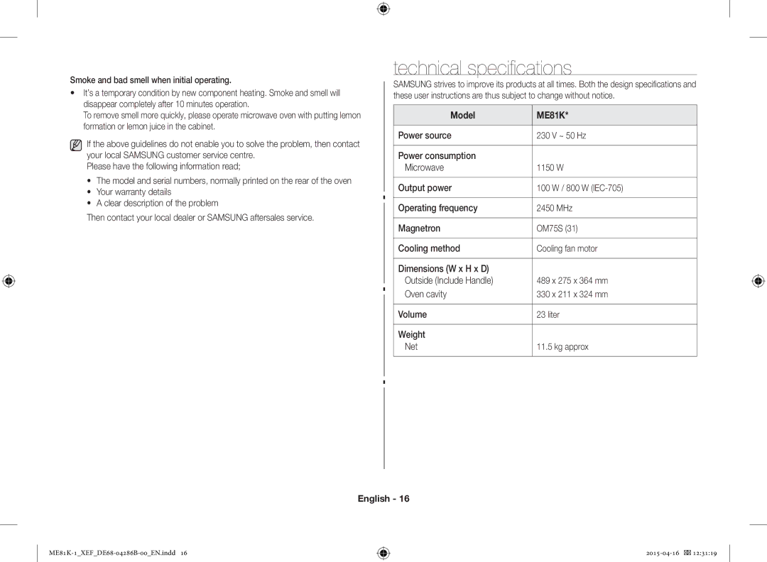 Samsung ME81KB-1/XEF, ME81K-1/XEF manual Technical specifications, Model ME81K 