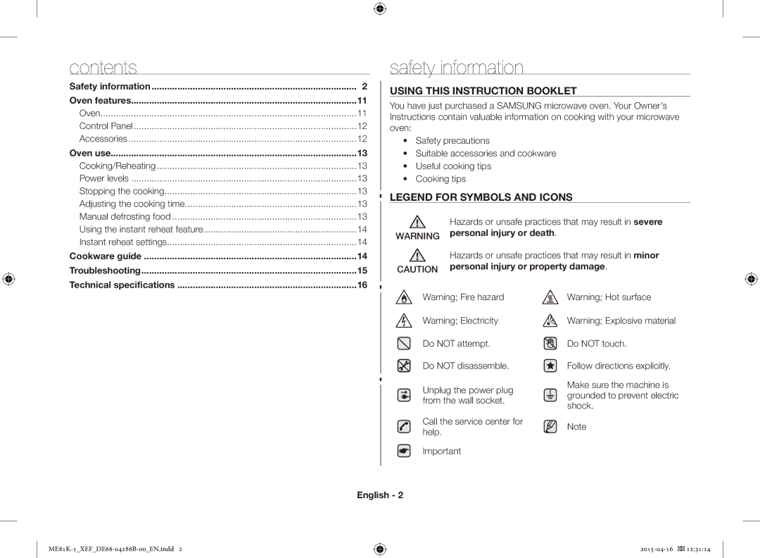 Samsung ME81KB-1/XEF, ME81K-1/XEF manual Safety information, Contents 