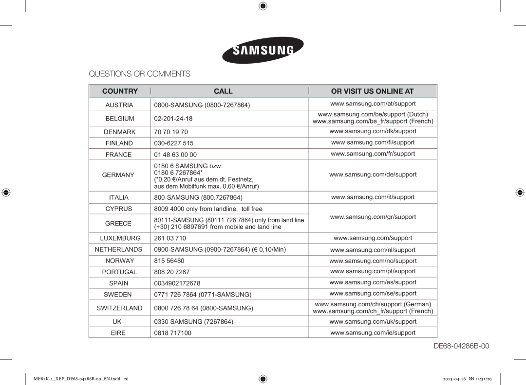 Samsung ME81KB-1/XEF, ME81K-1/XEF manual DE68-04286B-00 