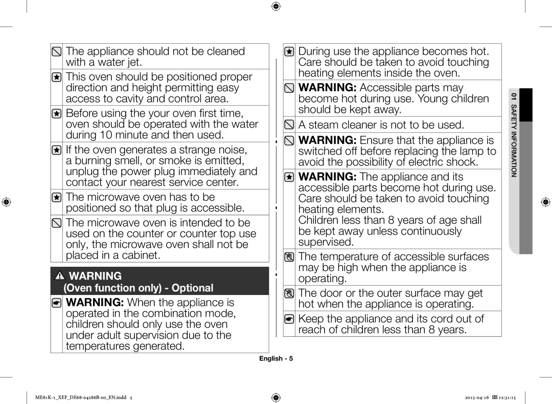 Samsung ME81K-1/XEF, ME81KB-1/XEF manual Appliance should not be cleaned with a water jet 